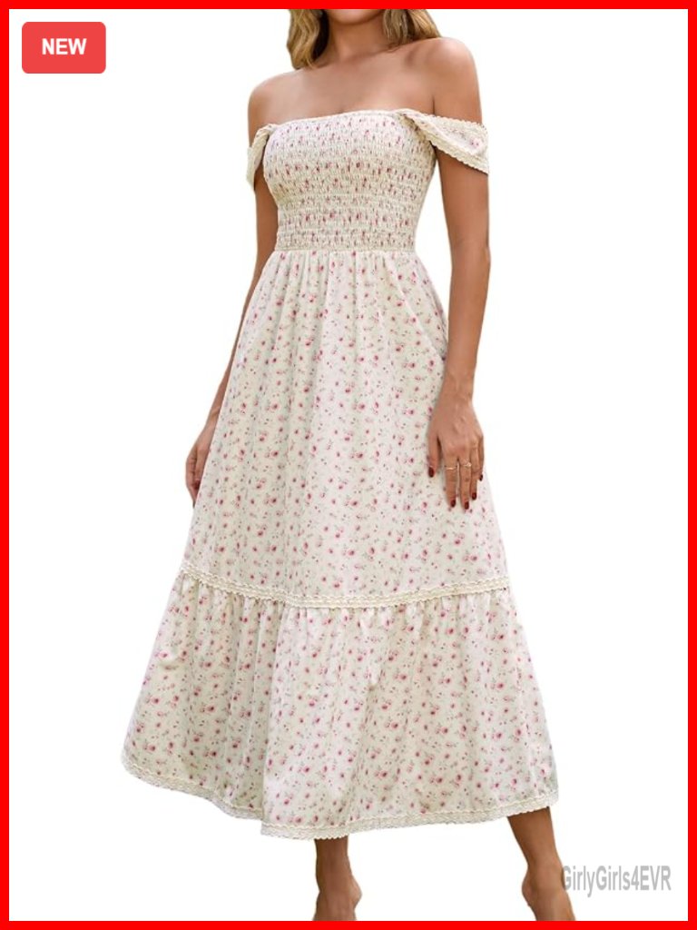 Women's Floral Midi Dress Off Shoulder Smocked Summer Wedding Guest